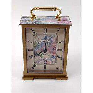 Bulova Quartz Mantel Clock Floral Pattern Gold Tone Roman Numerals working